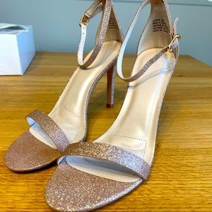 Rose gold strappy stiletto sandals with ankle strap